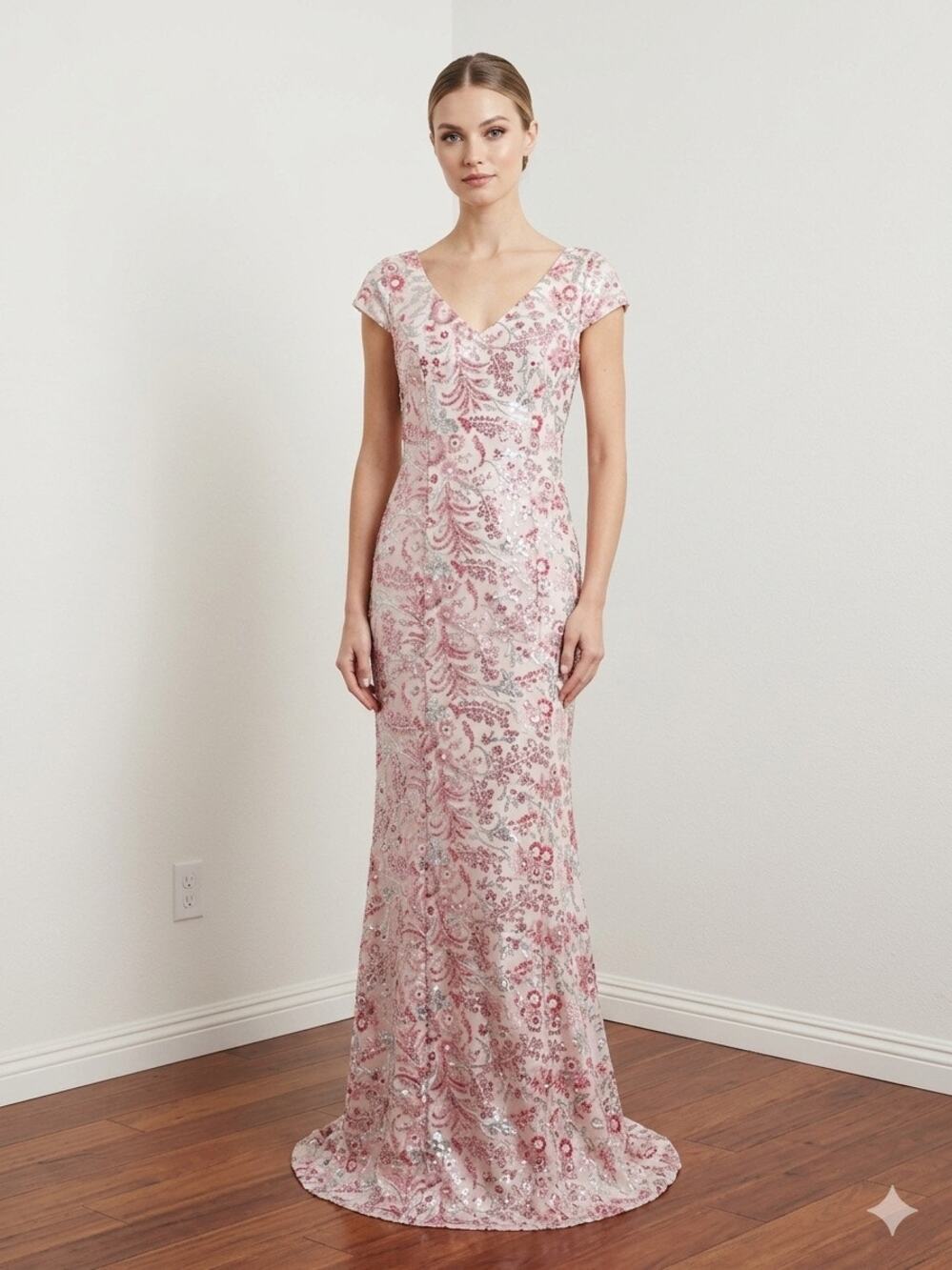 JS COLLECTION pink Embroidery sequin Mermaid Short Sleeve formal dress sz 4